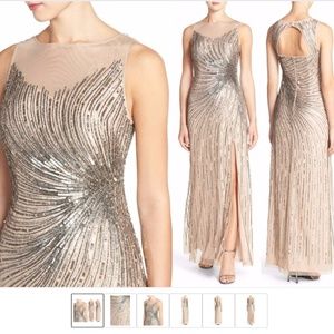 NWT $359 Adrianna Papell Embellished Mesh Slit‎ Gown Taupe/Pink [SZ 4 US ]